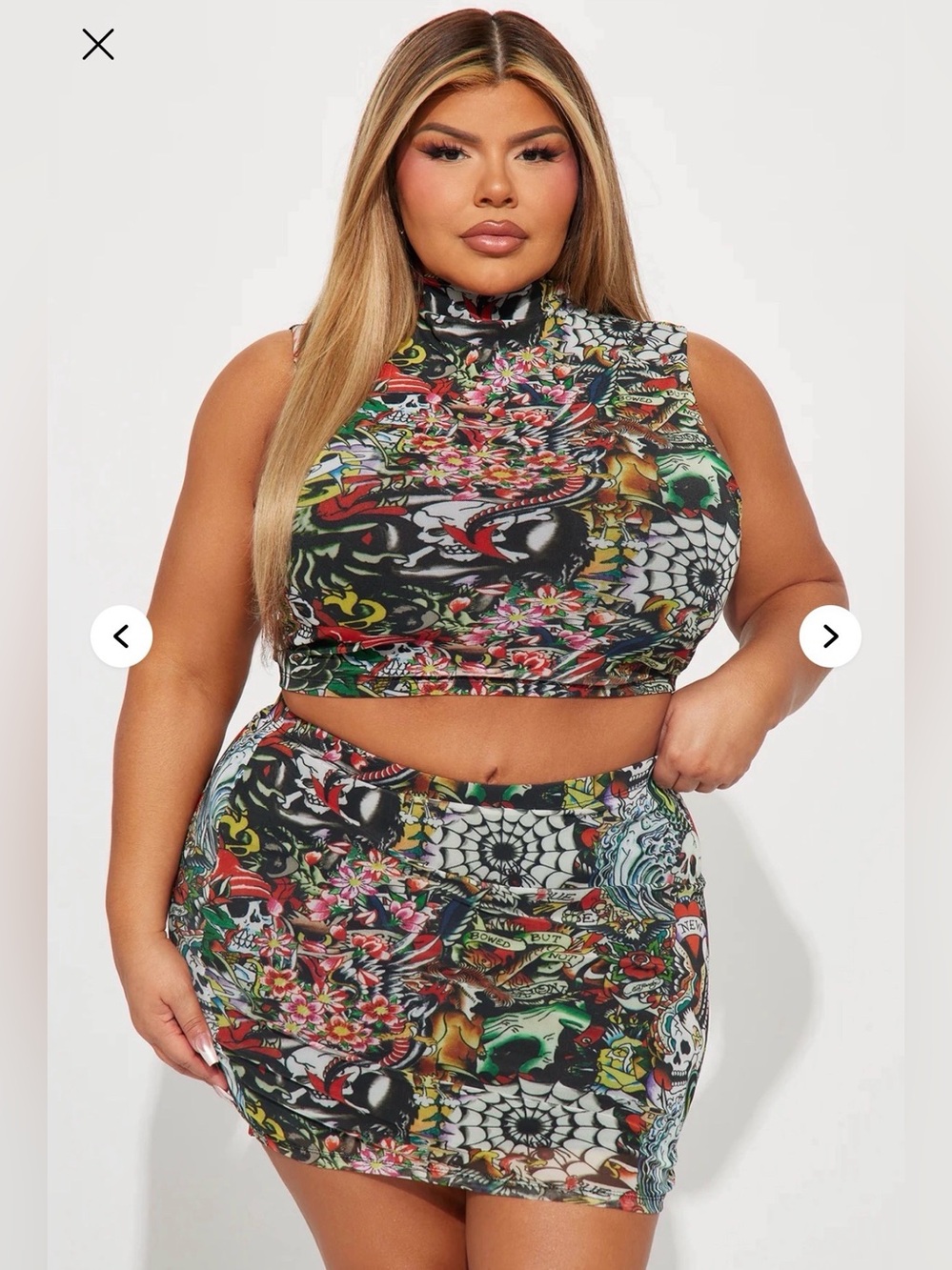 Ed Hardy Black Multi Tattoo-Print Mock Neck Crop Top